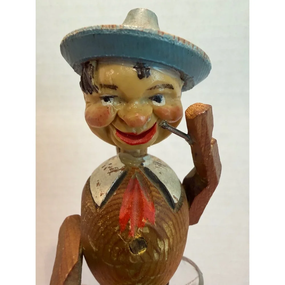 Vintage Hand Carved Wood Mechanical Drummer Bottle Stopper Anri Style Folk Art